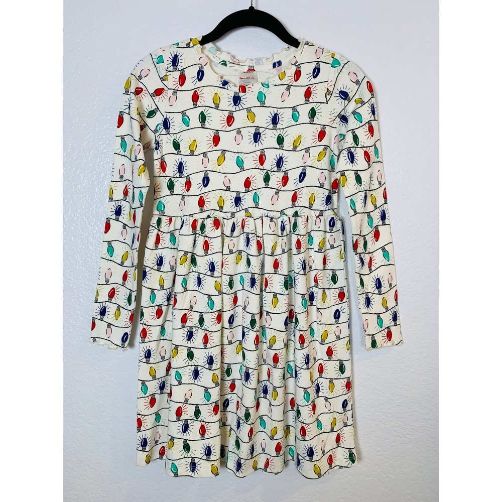 Hanna Andersson Dress Girls 10 White Christmas Holiday Light Bulb Long Sleeve